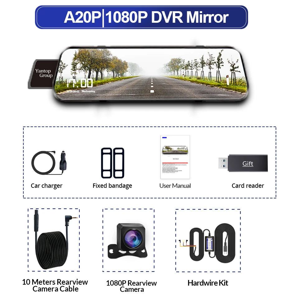 10 Inch Car DVR Car Touch Screen video Recorder Dual 1080P Rearview Mirror Front and Rear HD Night Vision Camera Mirror 