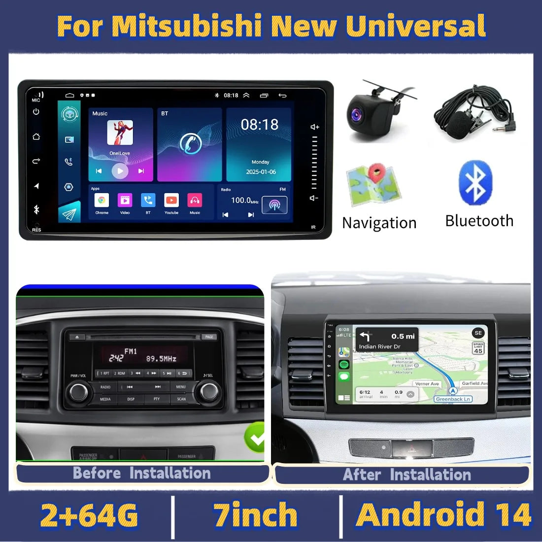 7inch Android Car Stereo with 2GB RAM, 64GB ROM and GPS Navi