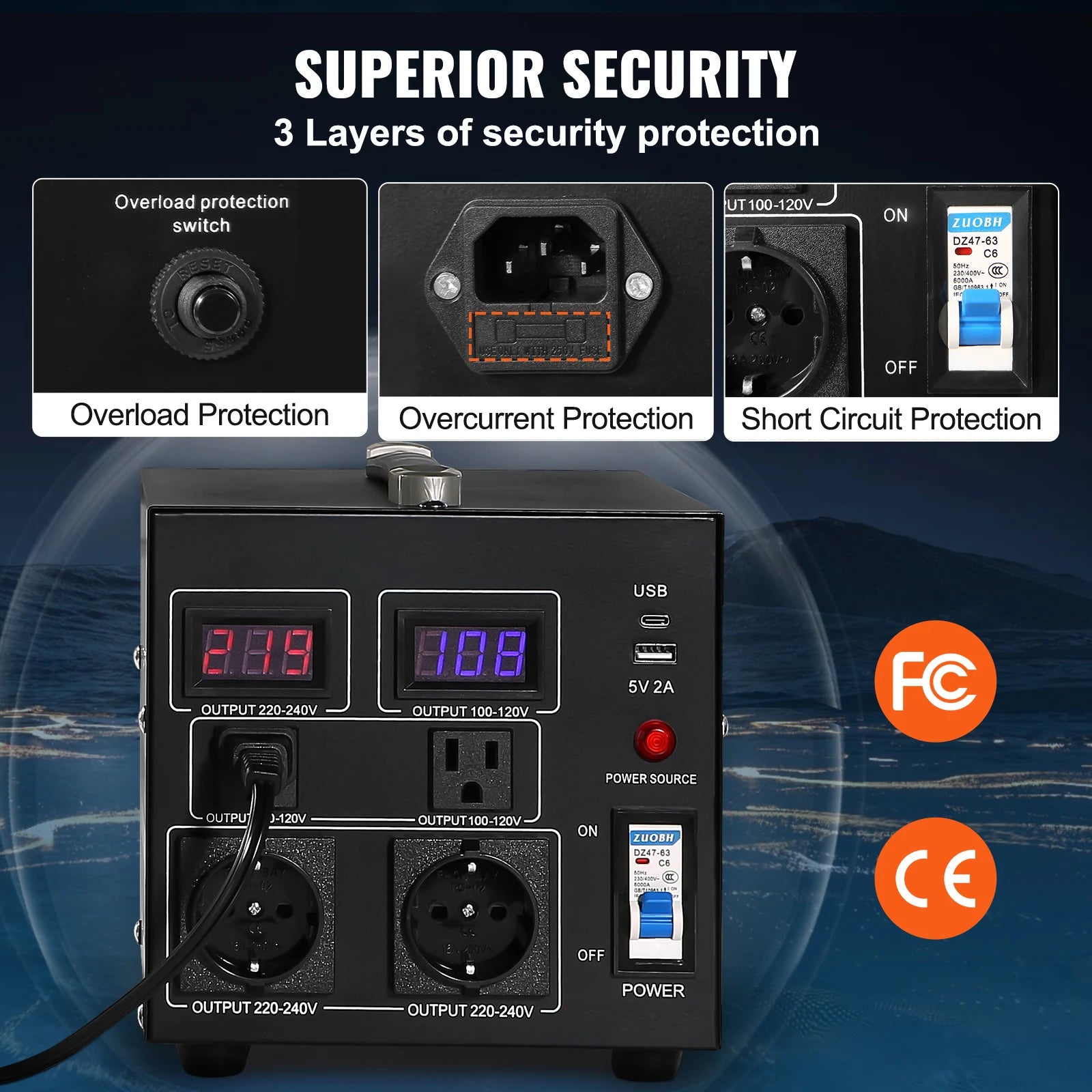 Step Up Down spanningsomvormer 2000VA–5000VA met USB- en EU/US-stopcontacten