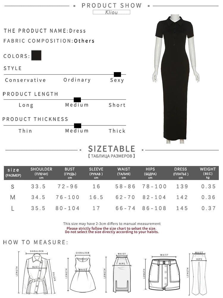 Kliou Elegant Office Lady Maxi Dress Women Solid Fashion Turn-down Collar Short Sleeve Button Side Slit Body-Shaping Street Robe 