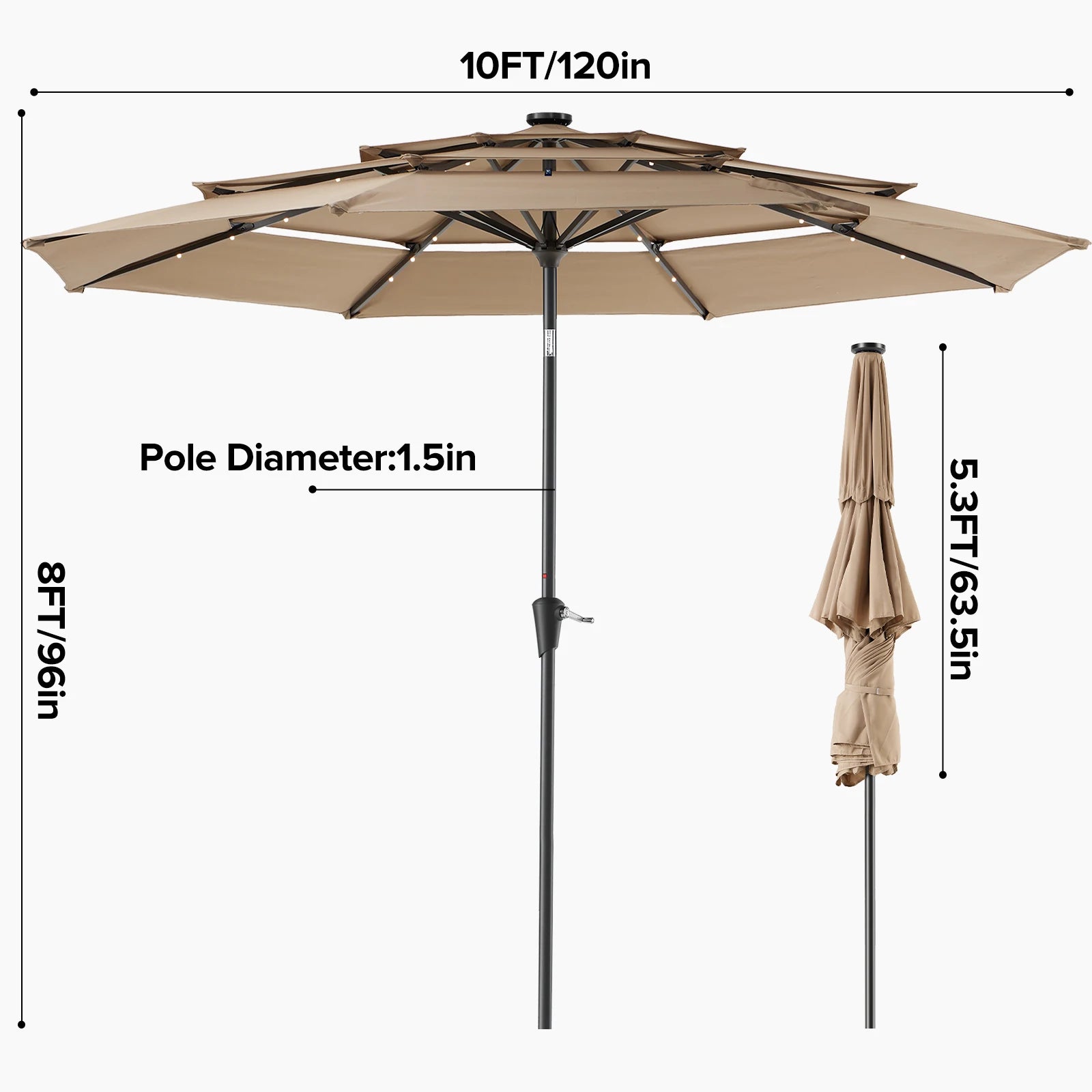 JHK 3-stufiger 10FT Outdoor-Terrassenschirm mit 32 LED-Lichtern, Kurbel, 8 stabilen Rippen, Tischschirm für Pool, Strand und Außenbereich