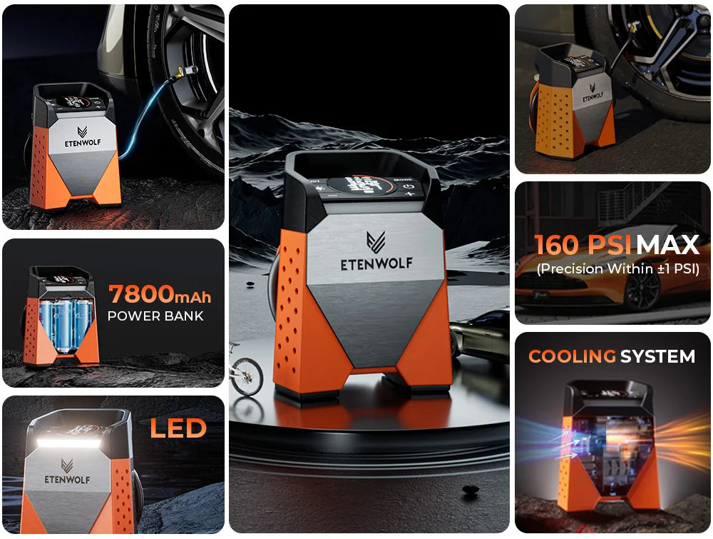 Compressore d'aria portatile per pneumatici 160 PSI con batteria da 7800mAh