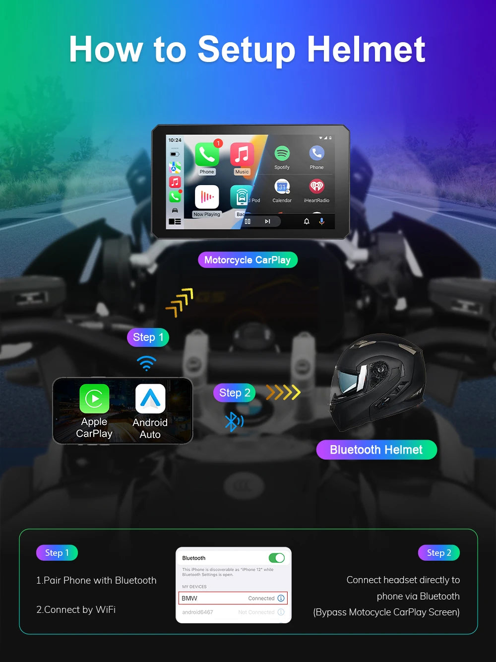 Navegador portátil para motocicleta B7 para BMW R1200 R1250GS S1000 M1000 XR ADV, táctil, al aire libre, impermeable, protector solar, CarPlay, Android Auto