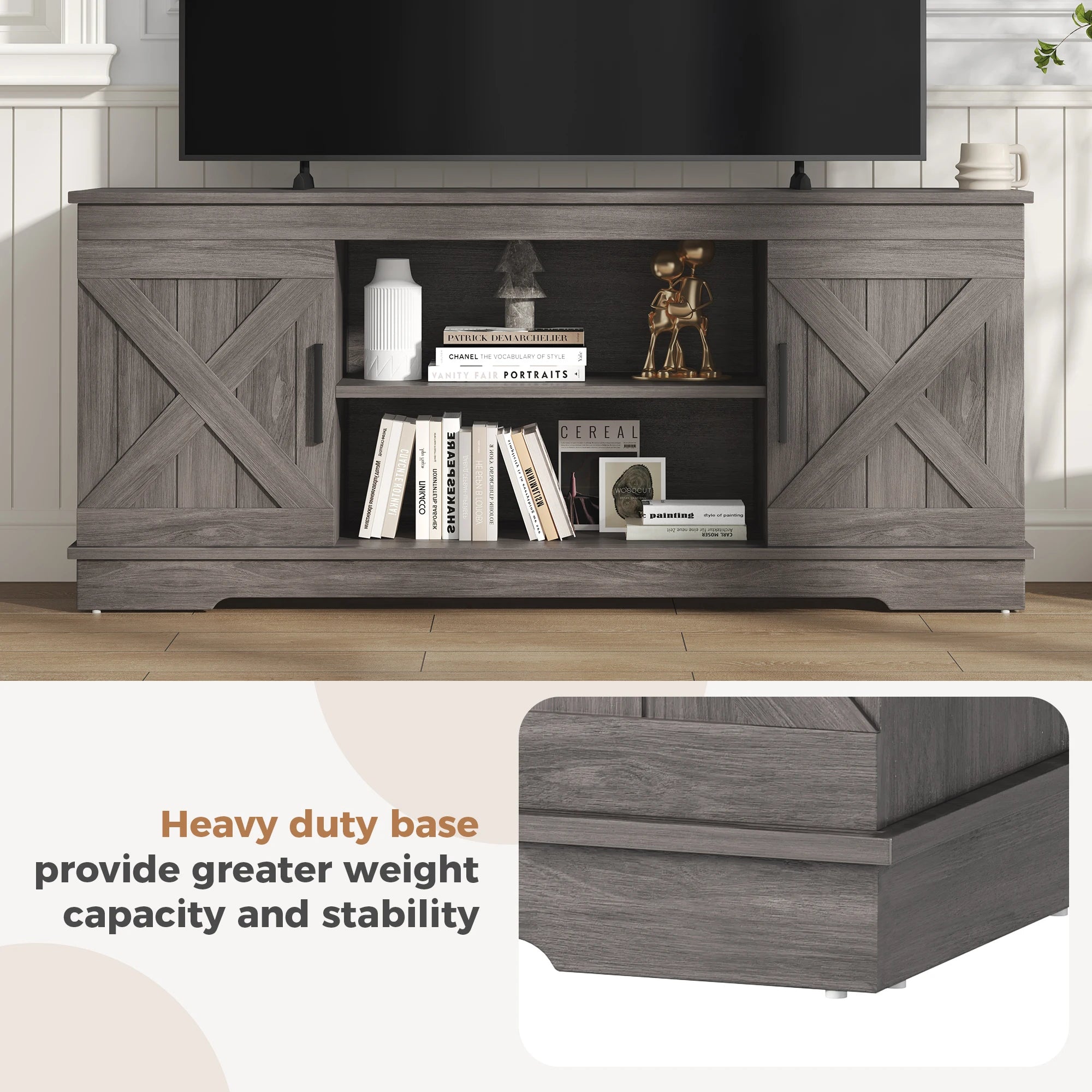 58-Inch Wooden TV Stand with Storage & Power for Up to 65” TVs