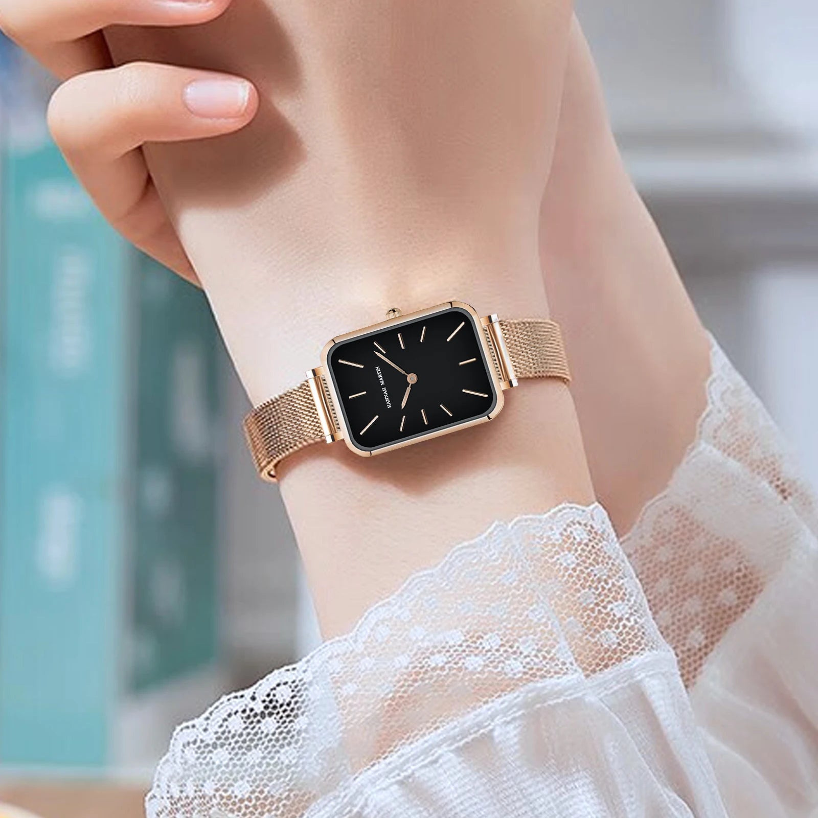 Women's Square Mesh Strap Watch in Rose Gold
