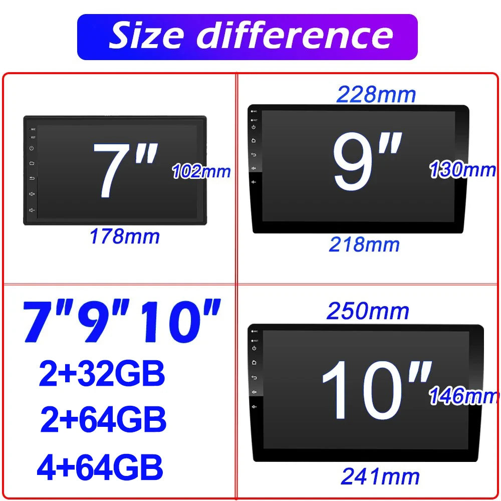 7/9/10 Zoll Universal Android 13 Autoradio 32G/64G Autoradio Android 2 Din Car Radio GPS BT Zentrale Multimedia Intelligente Fahrzeugssysteme