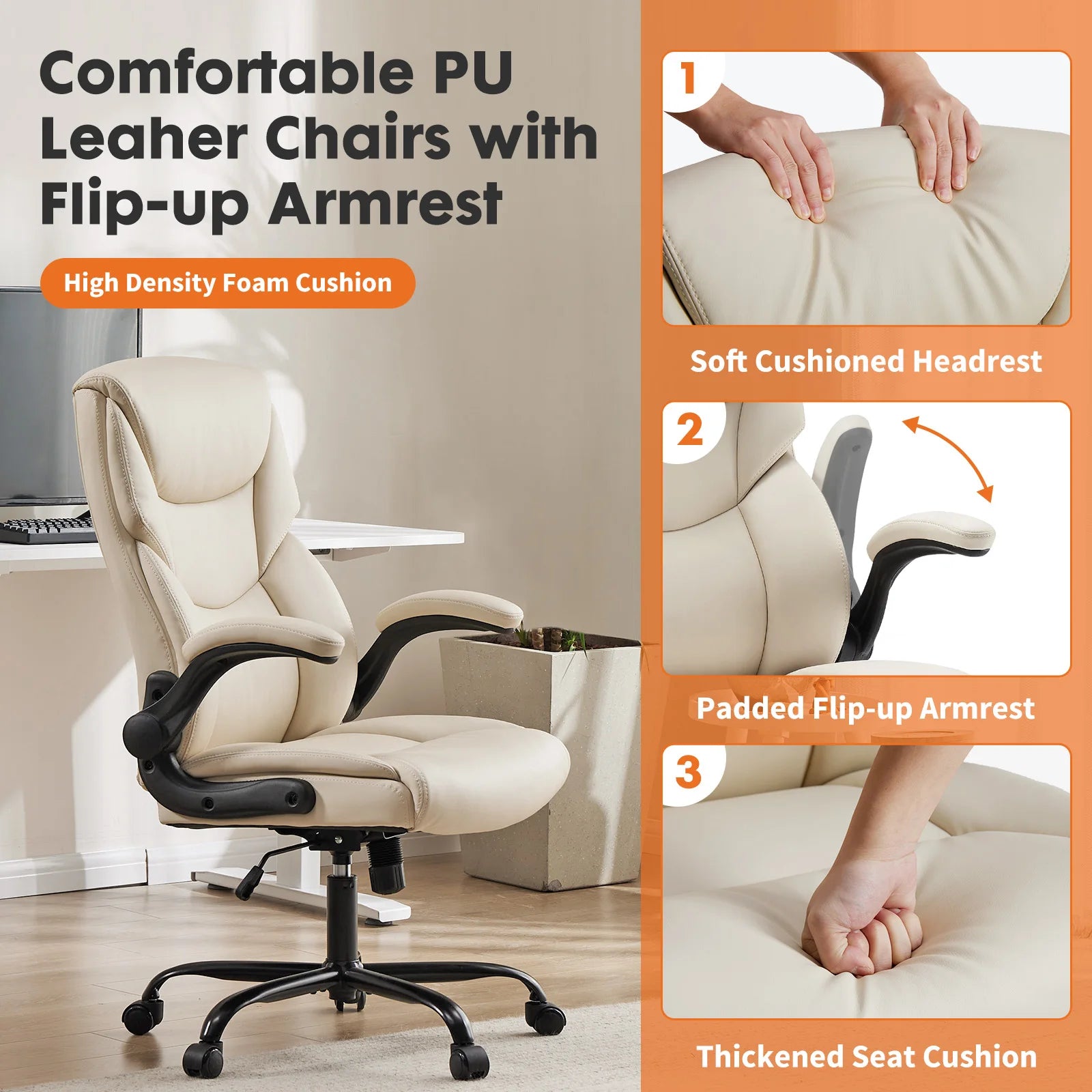Ergonomic Office Chair with Flip-Up Arms PU Leather Swivel Seat
