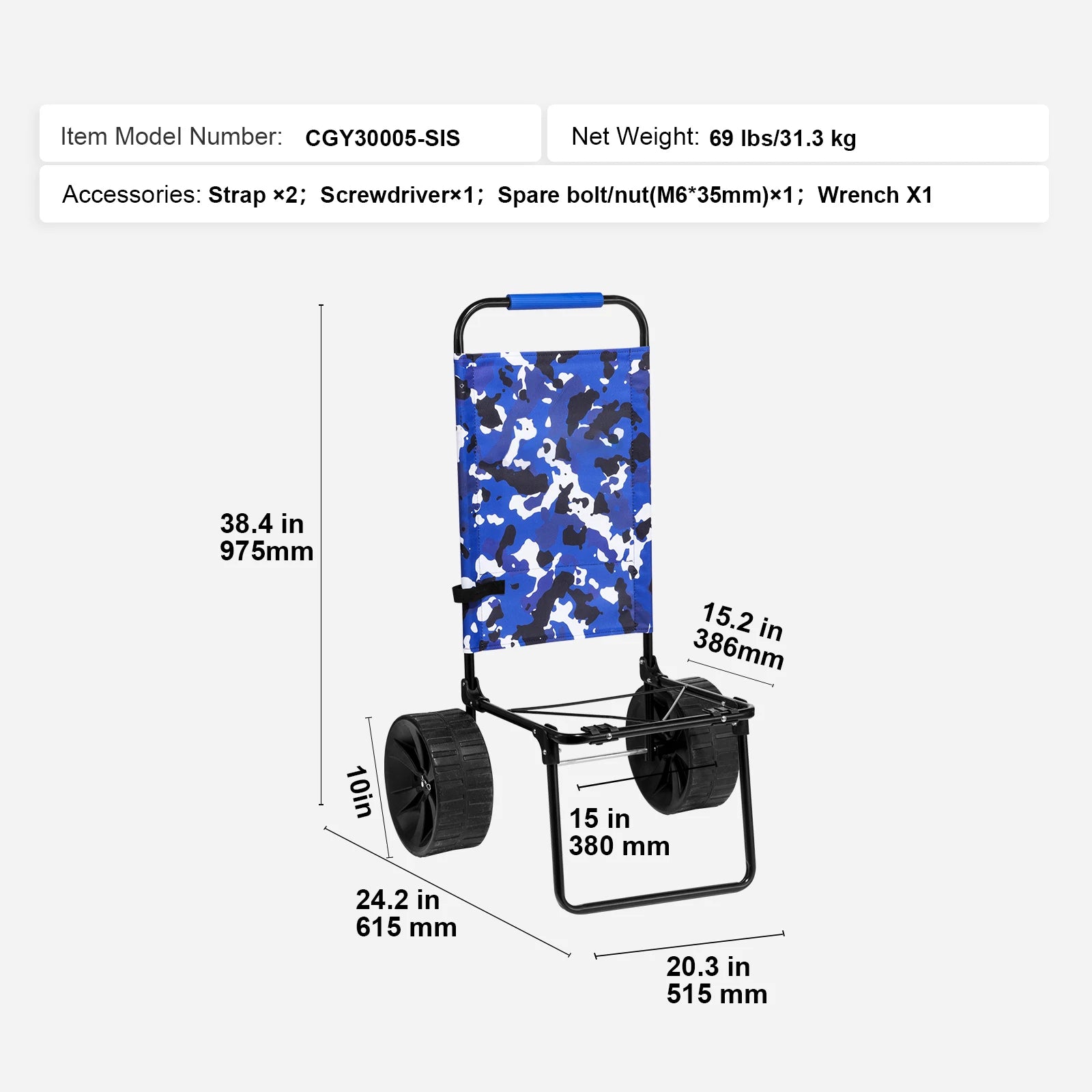 Beach Dolly Cart with Big Sand Wheels 165lb Folding Cargo Carrier