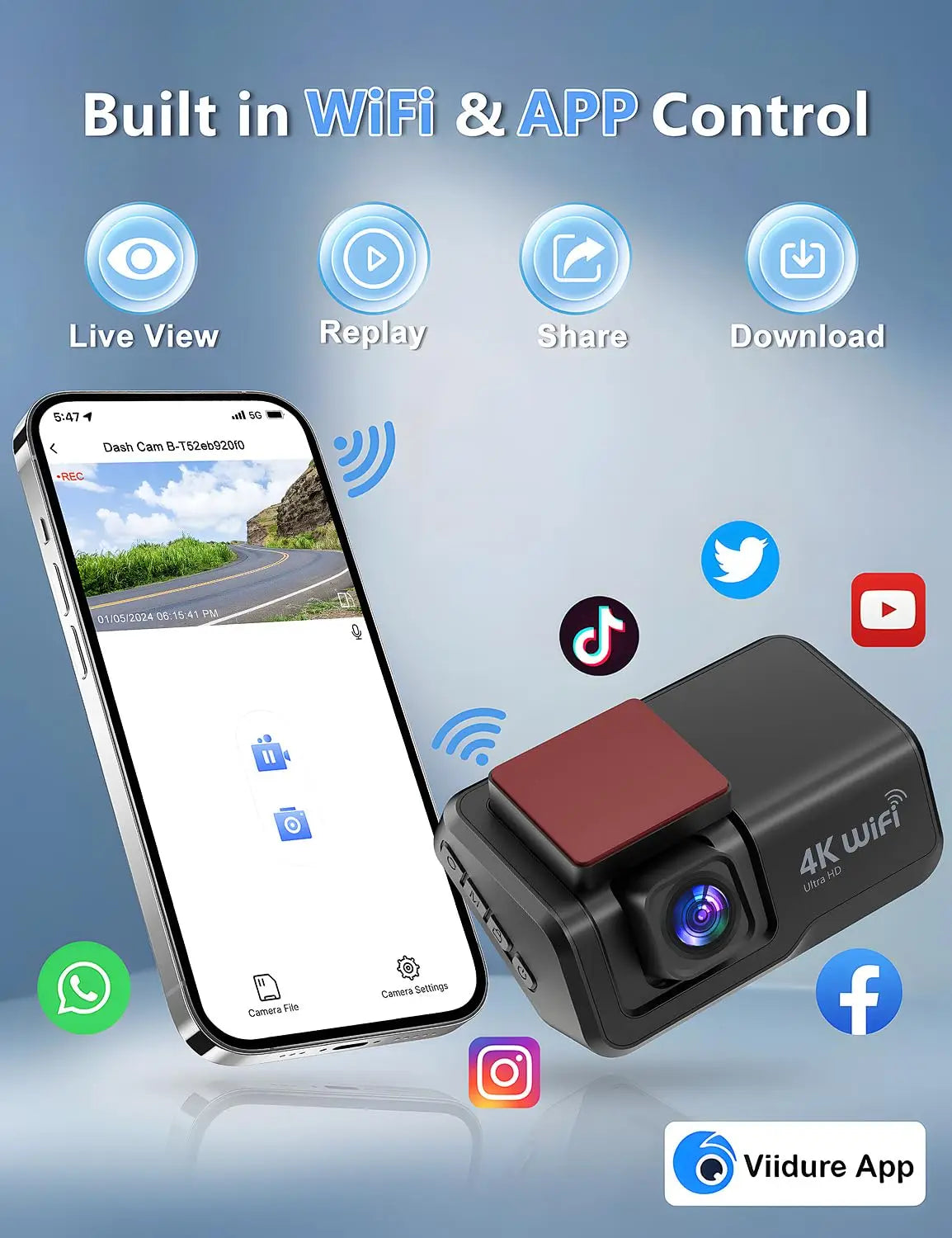 4K Front & Rear Dash Cam with WiFi, Night Vision & Parking Monitor