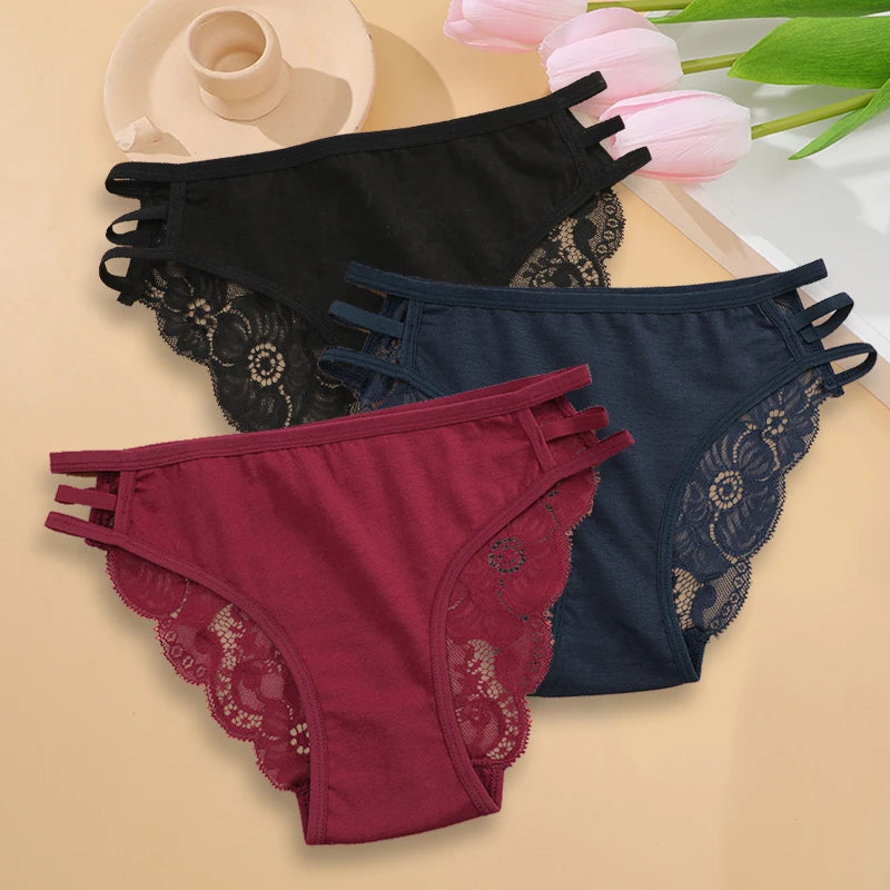 3PC/Set Women's Sexy Floral Lace Panties Low Rise Hollow Out Briefs Transparent Underwear Female Elastic Straps Soft Lingerie 