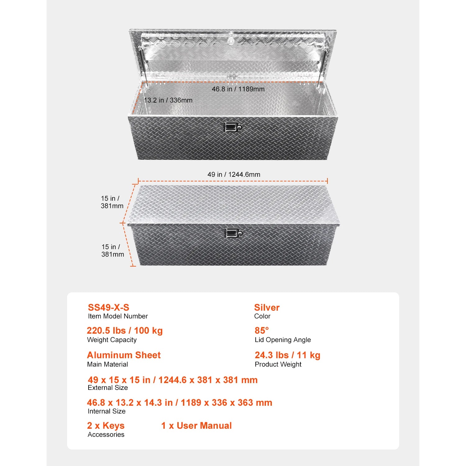 Heavy Duty Aluminum Truck Bed Tool Box with Lockable Storage