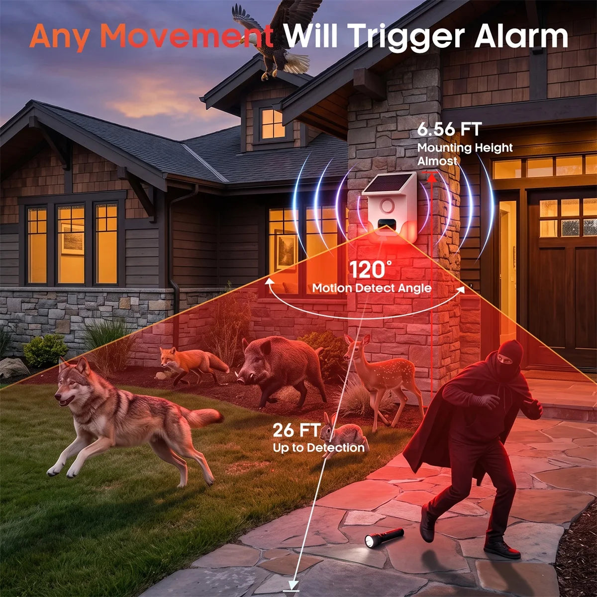 120° Detection Solar Alarm 120dB 4 Working Modes Solar-powered PIR Motion Detection Alarm For Home Courtyard Security