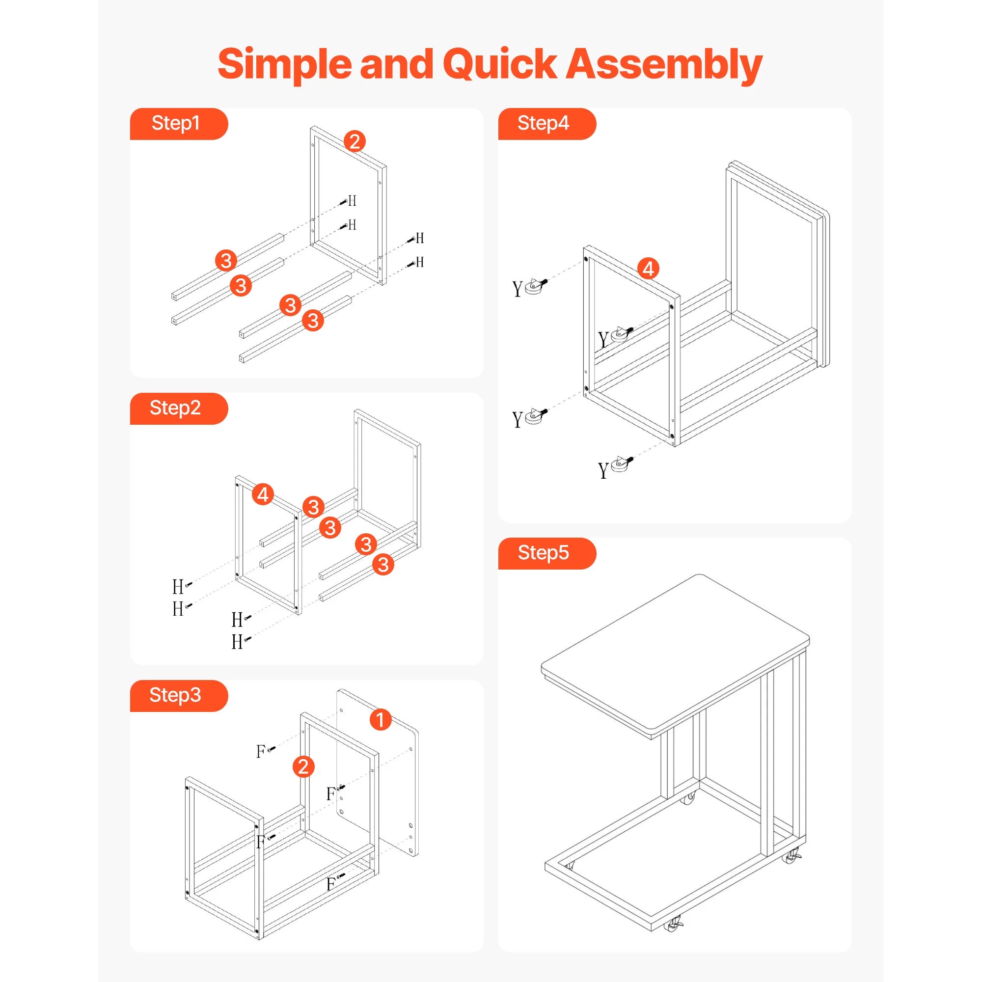 SucceBuy C Table C Shaped Sofa Side Table with Metal Frame Rolling Casters Portable C Shaped End Stand for Living Room Office