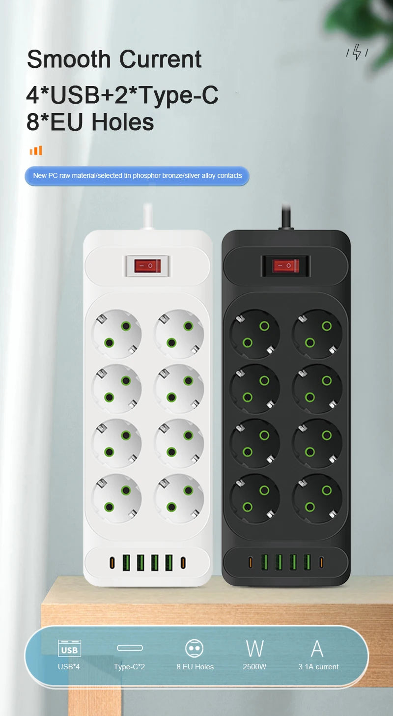 EU Plug AC Outlet Multitap Power Strip 2m Extension Cord Electrical Socket Smart USB Home Office Surge Protector Network Filter 