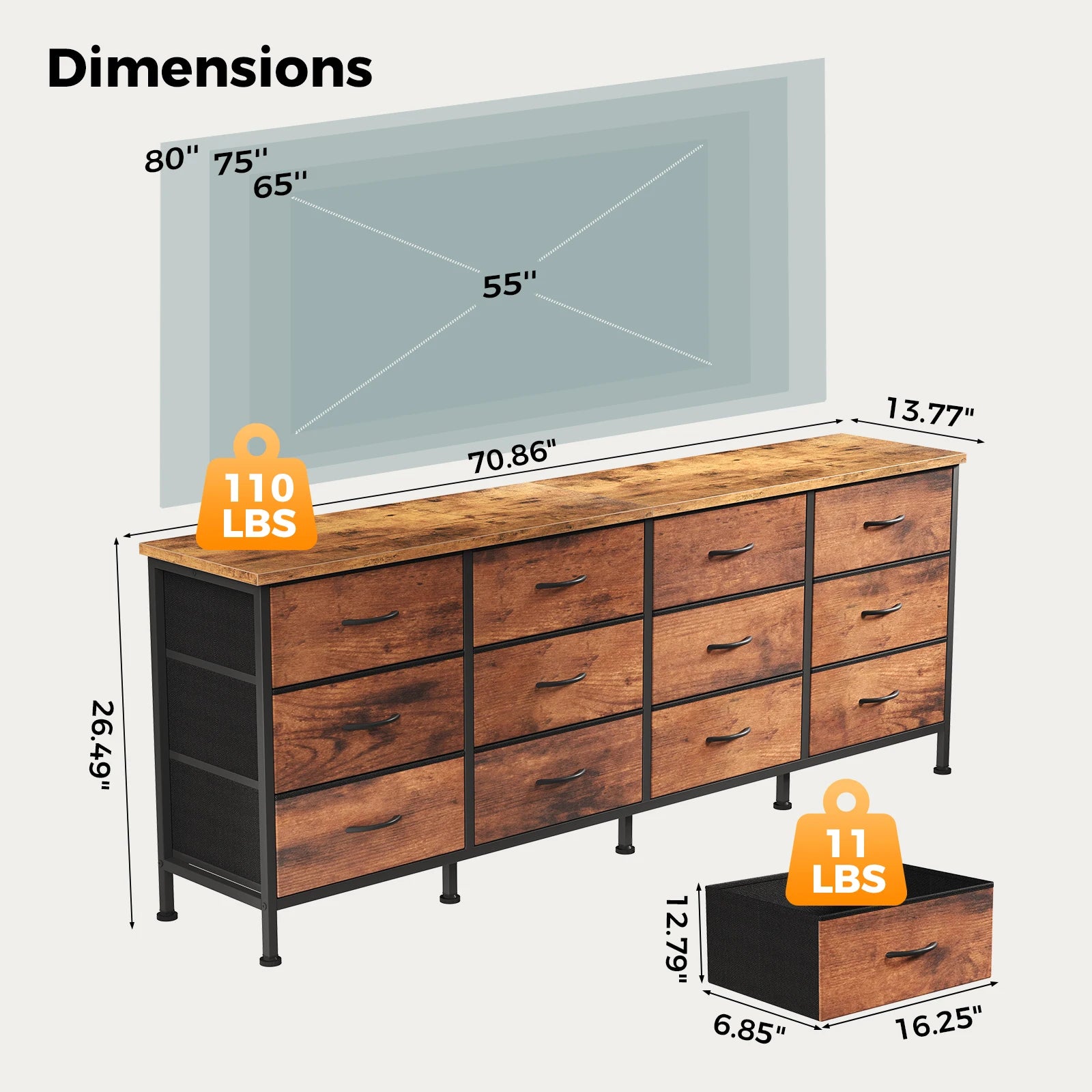 12 Drawer Fabric Storage Cabinet TV Stand with Wood Top