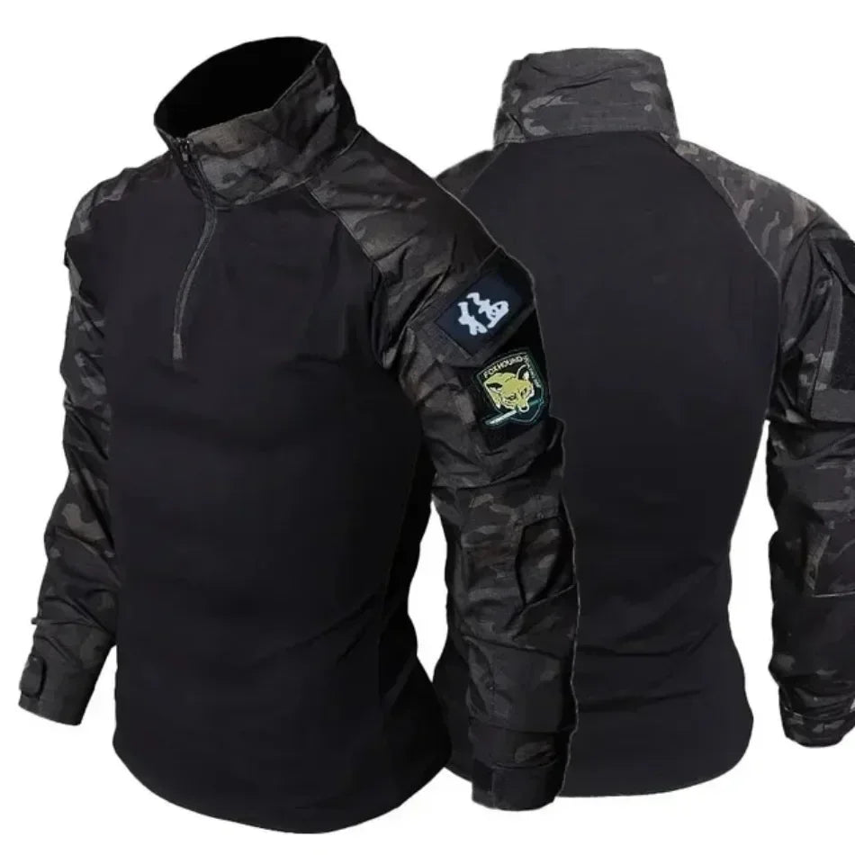 Black Camo Training Sets 1/4 Zipper Combat Tops Tactical Suits Hiking Pants Men Durable Shirts Multiple Pockets Wear-resisting