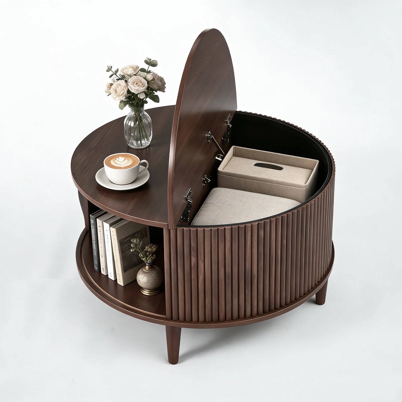 31in Round Coffee Table with Flip-Top Storage and Sliding Door