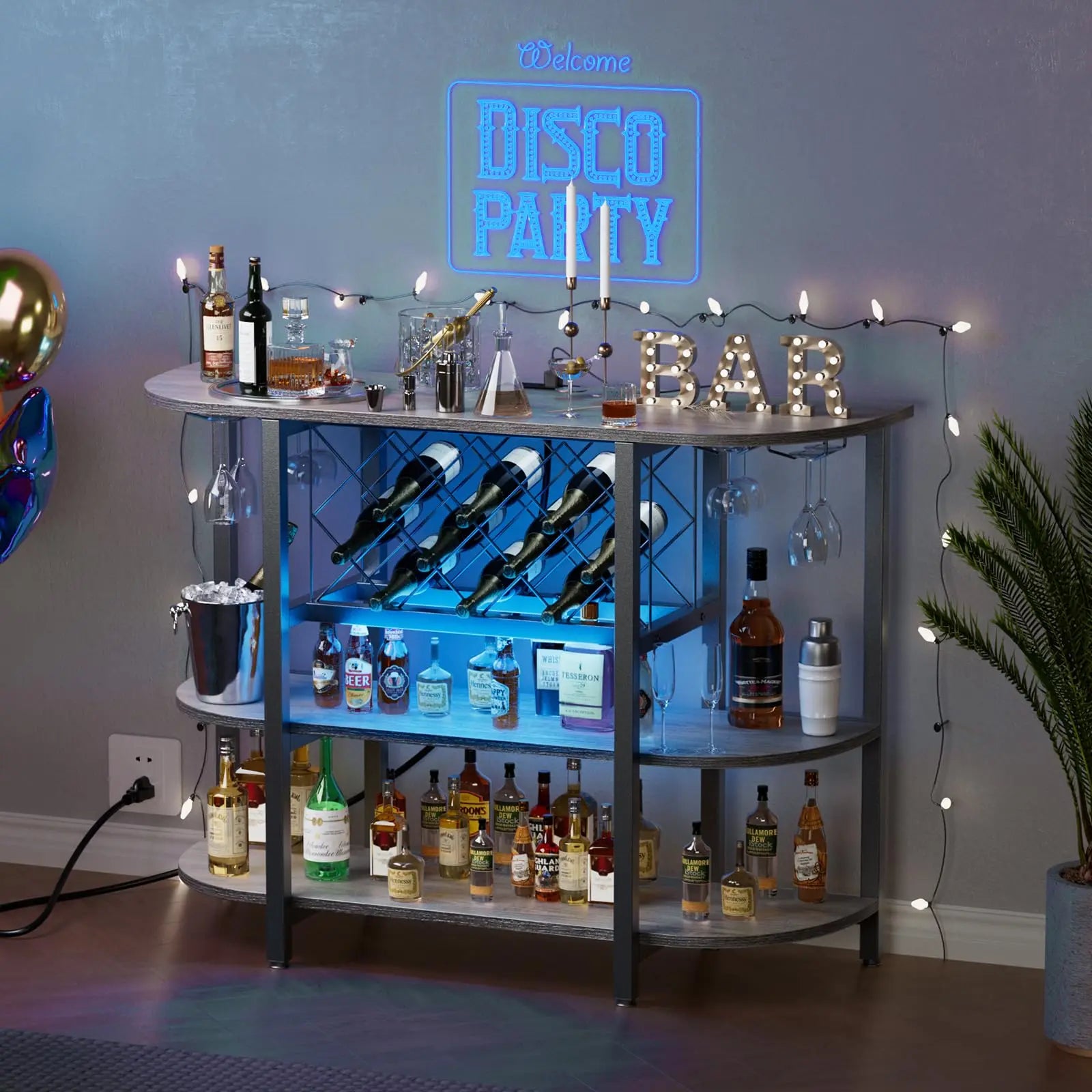 LED Bar Cabinet with Storage, Charging Station & Wine Rack