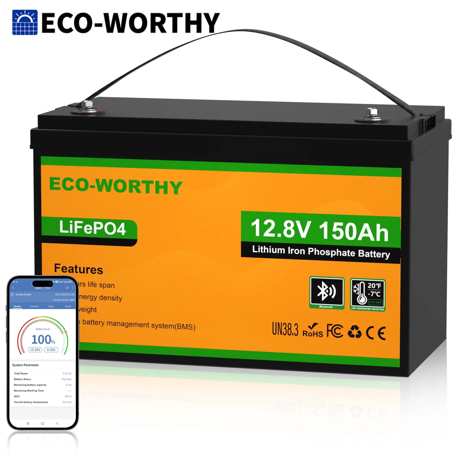 ECO-WORTHY 12V 150AH Bluetooth LiFePO4 Lithiumbatterie mit Kälteschutz, eingebautem 120A BMS, ideal zum Trolling