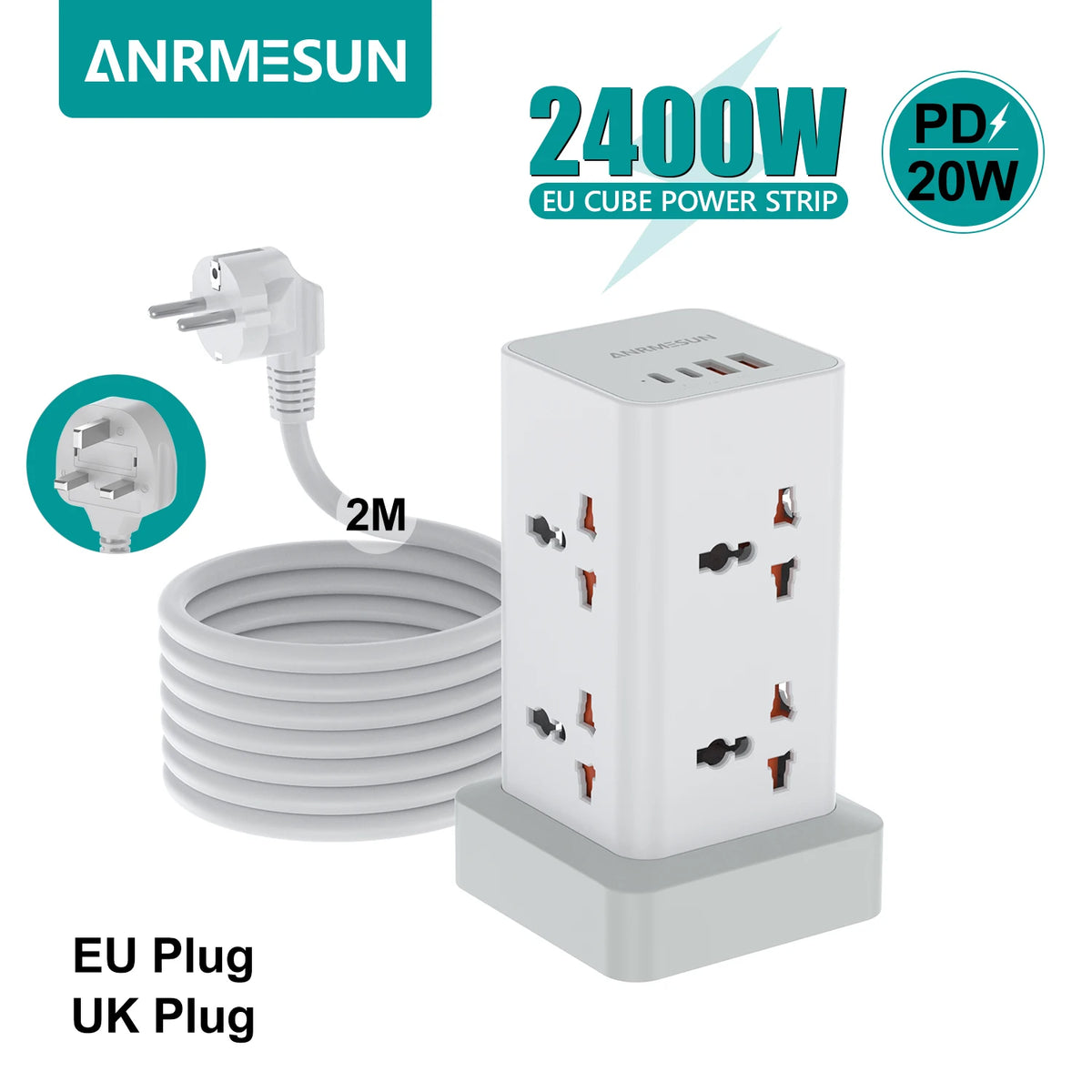 Tower Extension Power Strip with USB-C