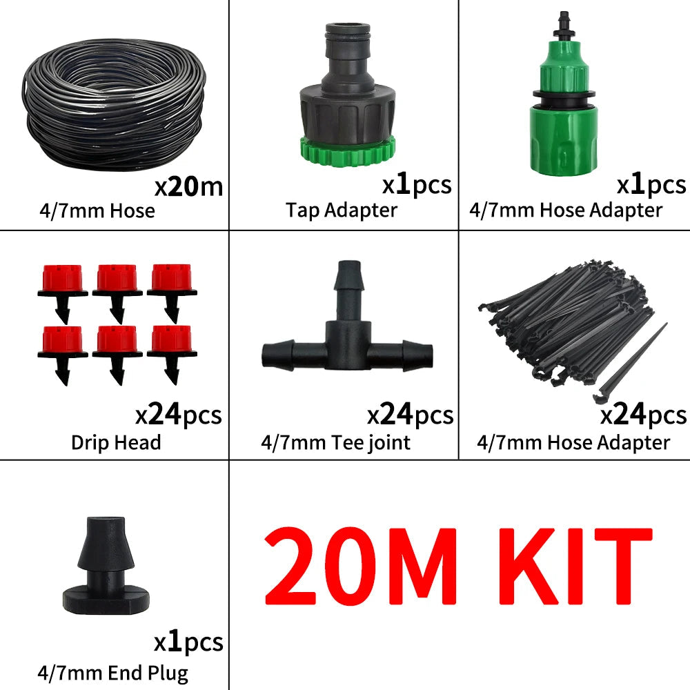 Micro Drip Irrigation System Portable 20M Automatic Watering with Adjustable Drippers Misting Watering Kits Garden Hose 