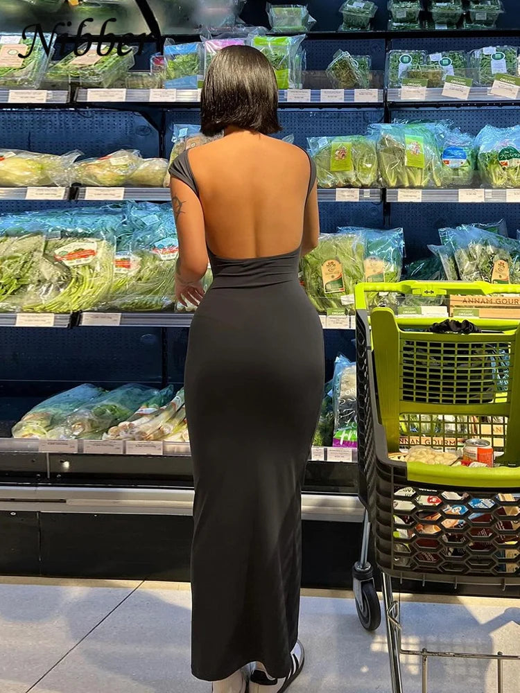 Nibber Solid Sexy Backless Maxi Dress Women Elegant Elastic Slim Short Sleeve Long dresses Female Bodycon Streetwear Clothing 