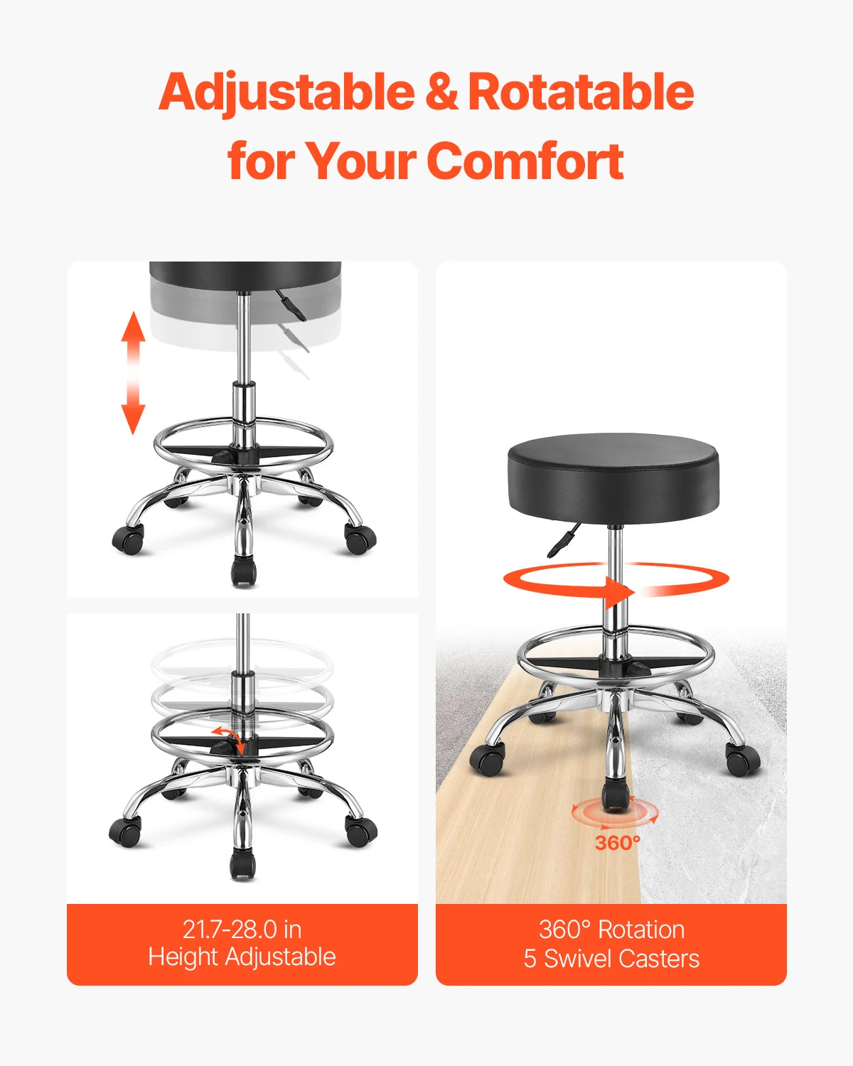Rolling Stool Chair with Wheels 450 lb Capacity Adjustable Height
