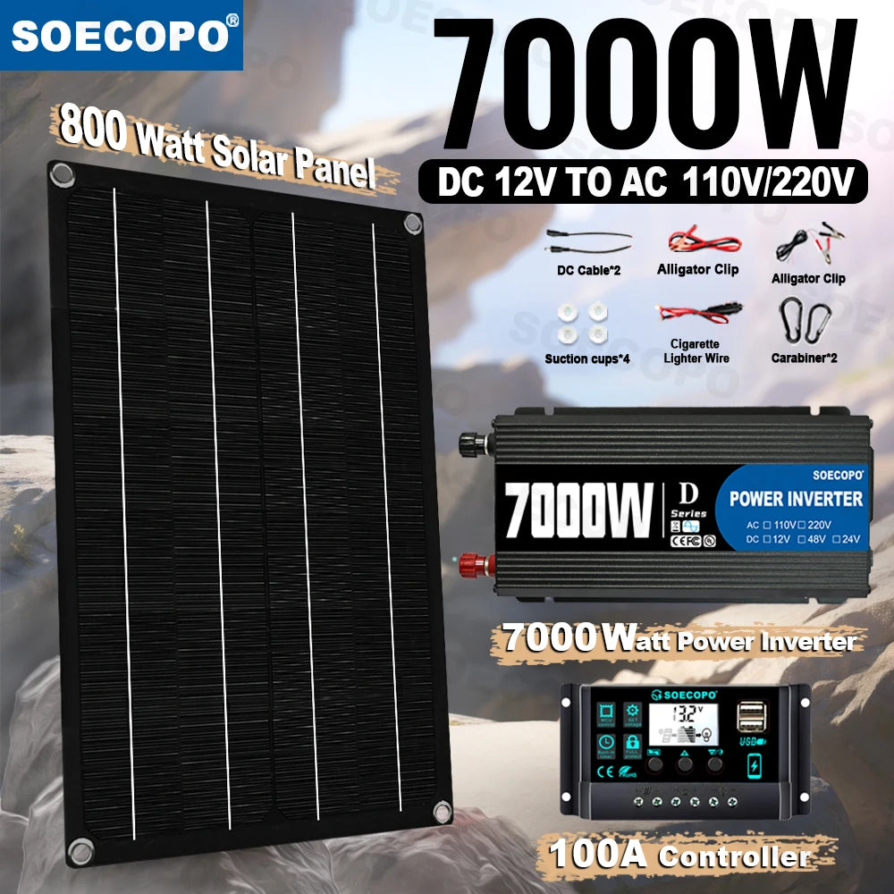 SOECOPO 7000W Solar Power Kit with 100A Controller & 300W Panel Inverter 12V to 110V/220V for Home/Camping/RV/Emergency Backup