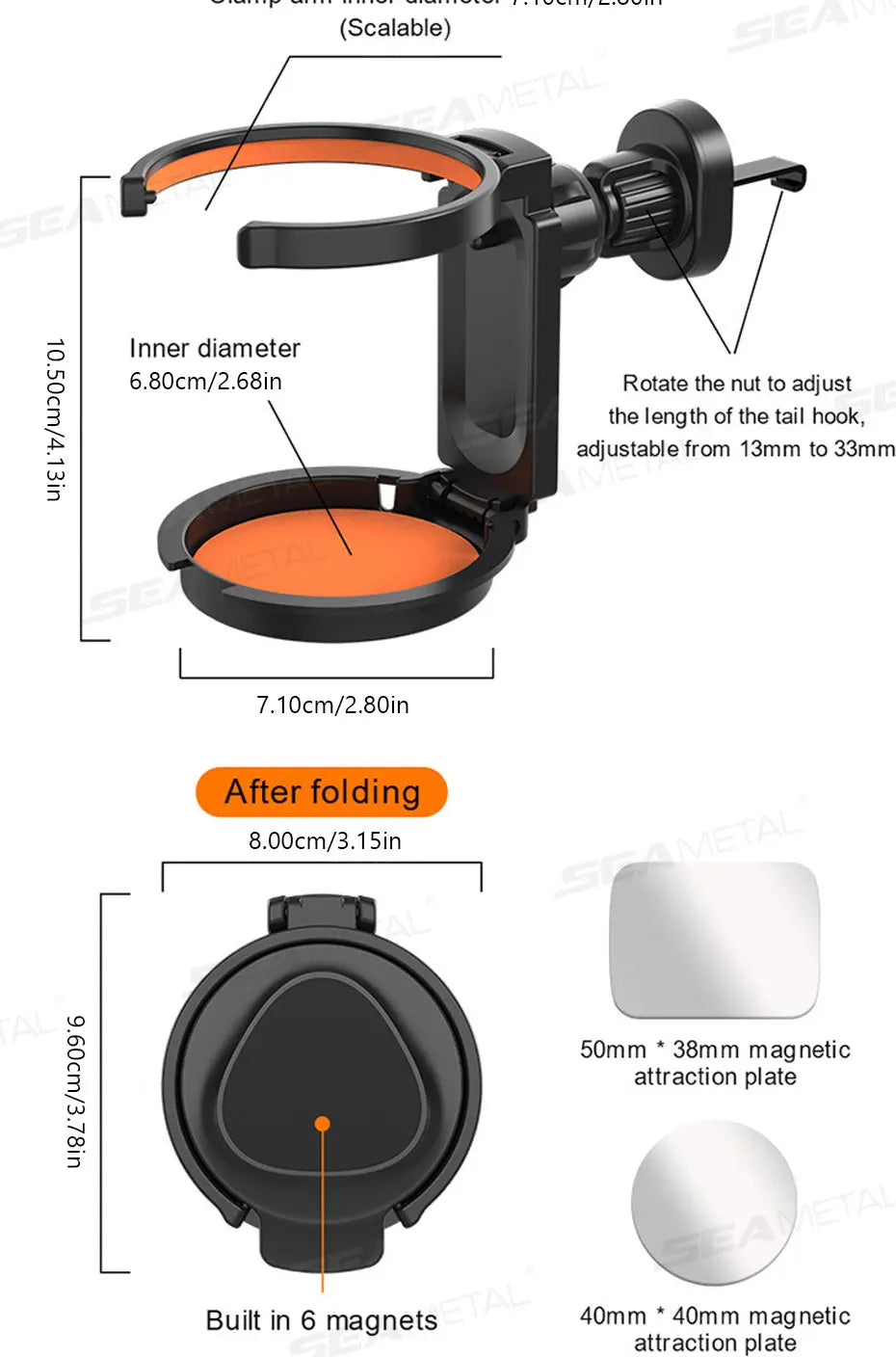 SEAMETAL 2 in 1 Car Phone Holder with Foldable Cup Holder 360-Degree Rotation Air Vent Magnetic Phone Mount Stable Drink Holder