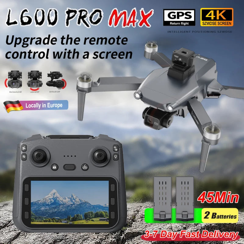 L600 PRO MAX GPS Drone Professional 8K Camera 3-axis Gimbal Aerial 5G WIFI FPV Brushless Motor 360 ° Laser Obstacle Avoidance Optical Flow Hover with Large Screen Remote Control Aircraft Folding Quadcopter Drones Kids Toys G