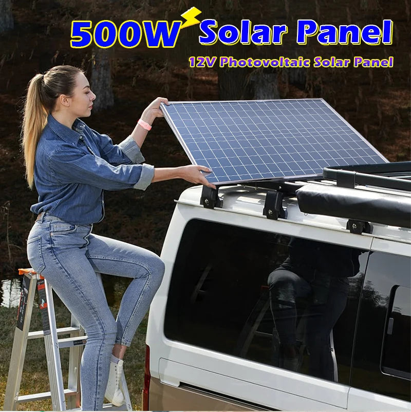 500W Rigid Monocrystalline Solar Panel with Aluminum Frame 12V Battery Charger for RV Camping Boat Home Off Grid Power USB