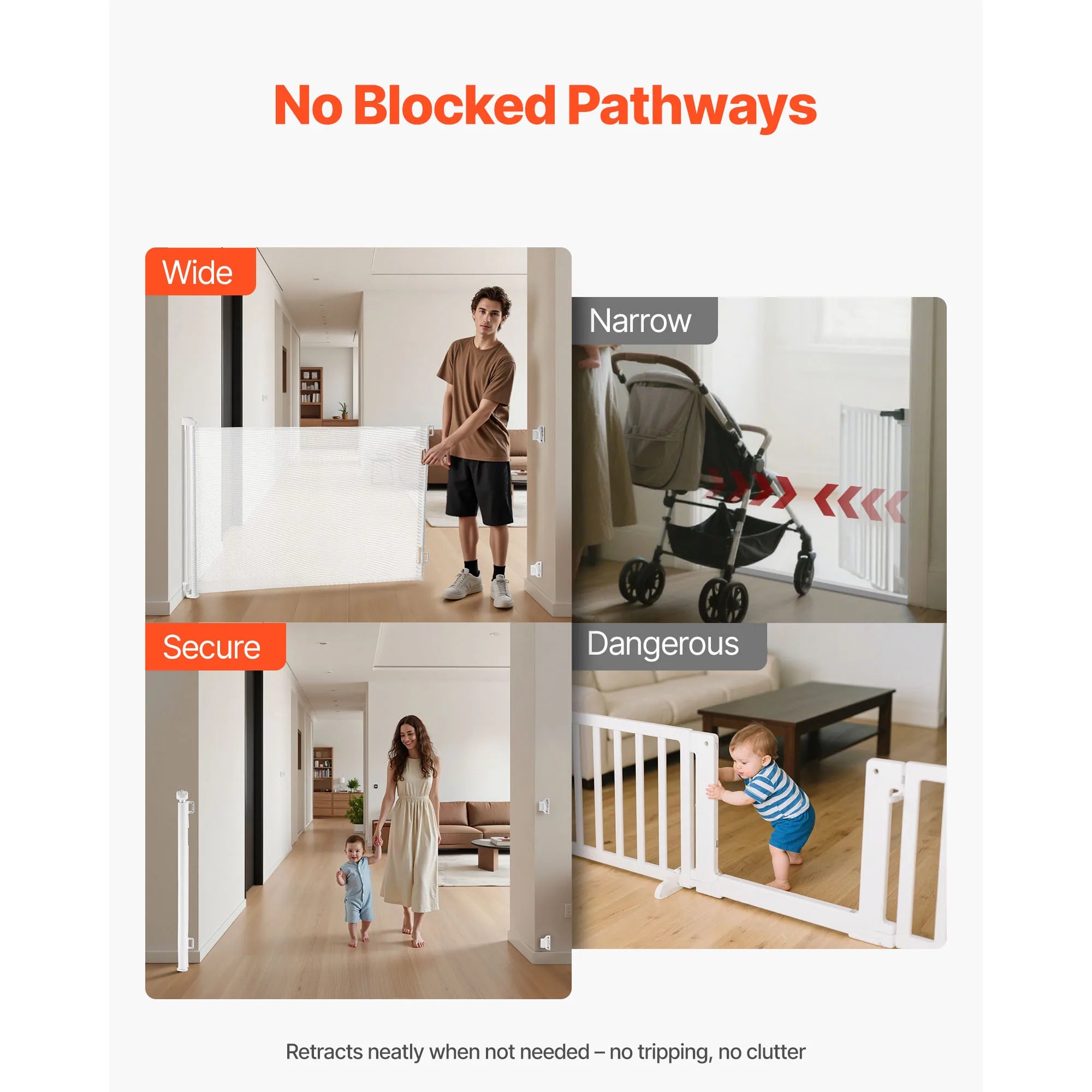 SucceBuy Retractable Baby Gate with Security Lock Walk Through Without Tripping Mesh Dog Gate for Stairs Hallways Indoor/Outdoor