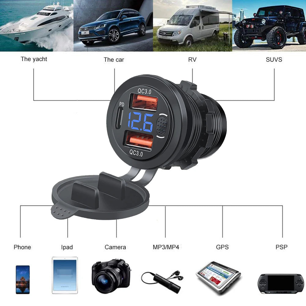 100W USB Car Charger Socket with Dual QC3.0, USB-C PD, Voltmeter and Touch Switch