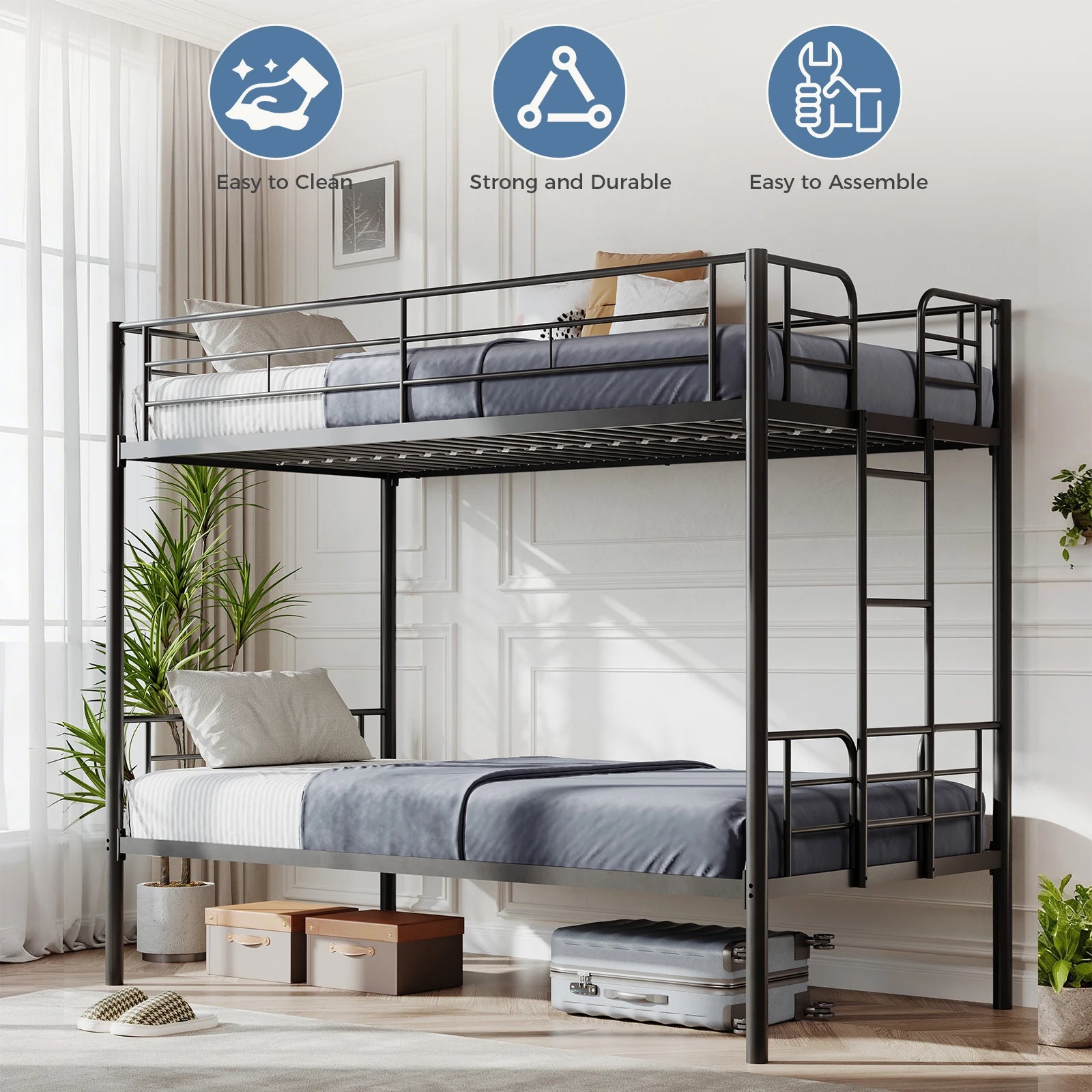Heavy Duty Metal Bunk Bed Frame with Ladder & Guardrails