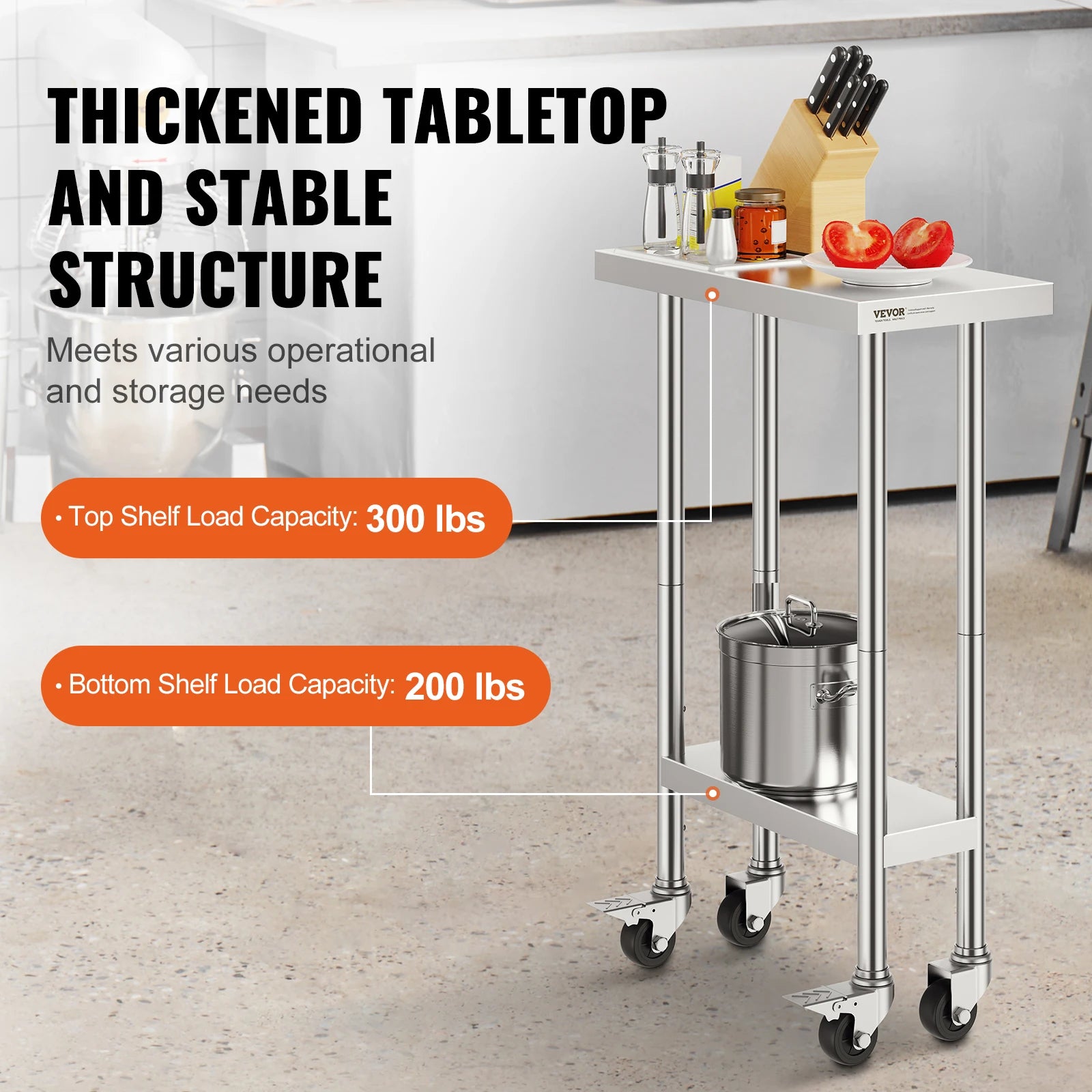 RVS Werktafel met Wielen, Verstelbare Plank, Draagvermogen 500 lb