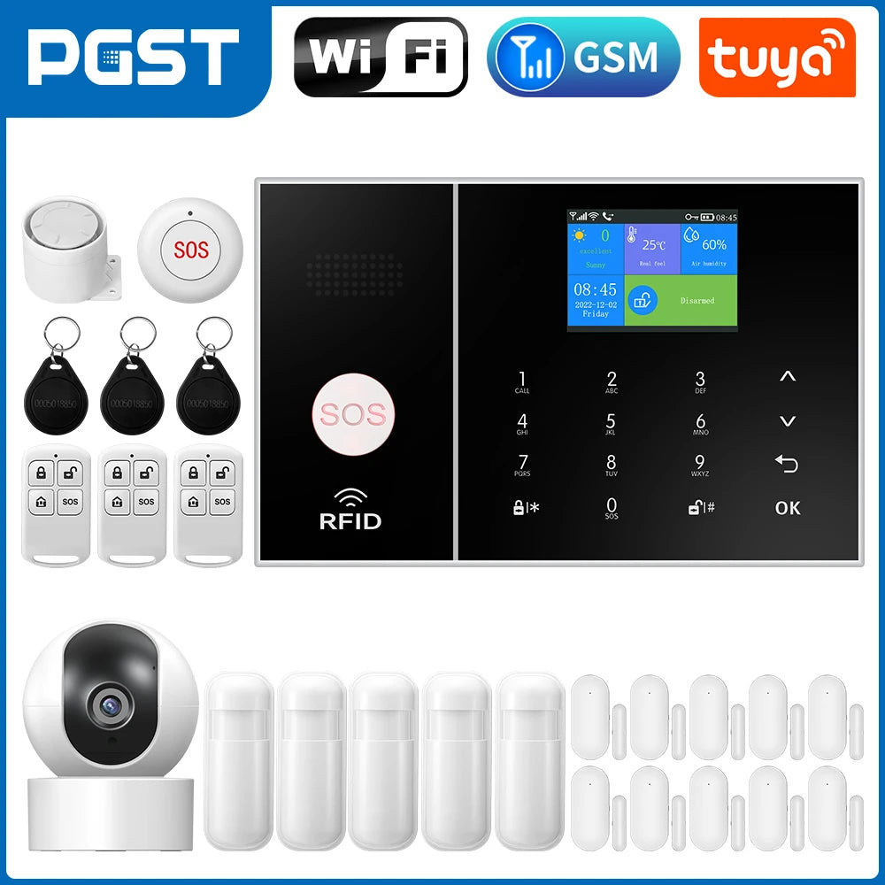 PGST Smart Life Alarm System for Home WIFI GSM Security Alarm Host with Door and Motion Sensor Tuya Smart App control work Alexa 