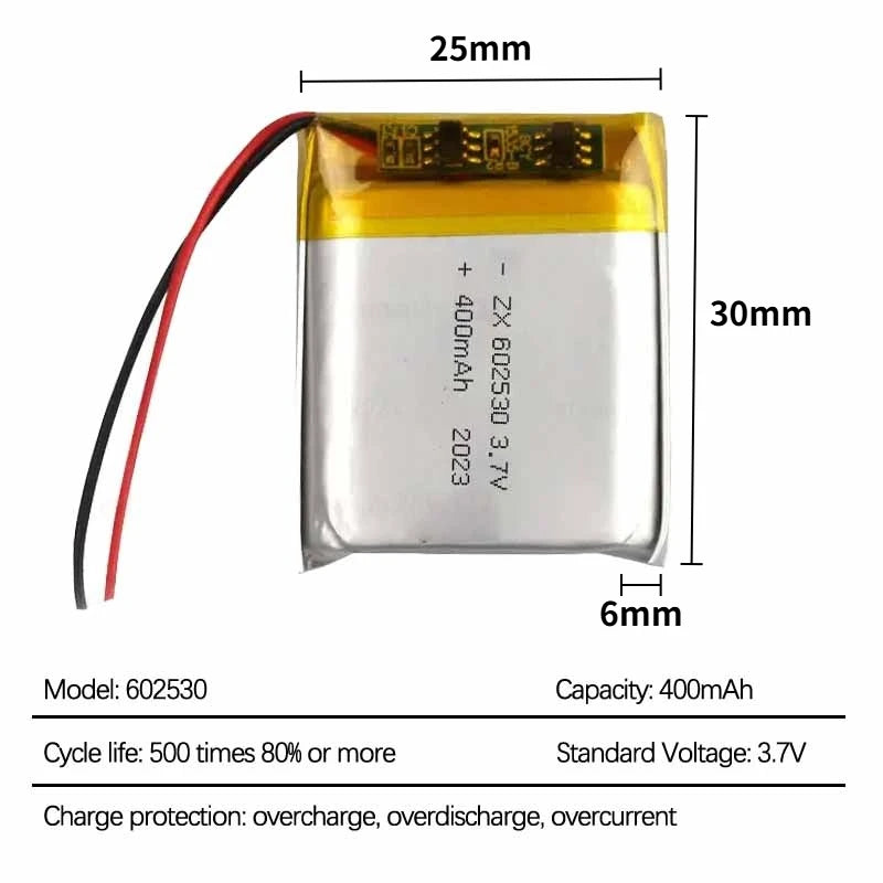 602530 3.7 V 400 mAh oppladbart LiPo-batteri
