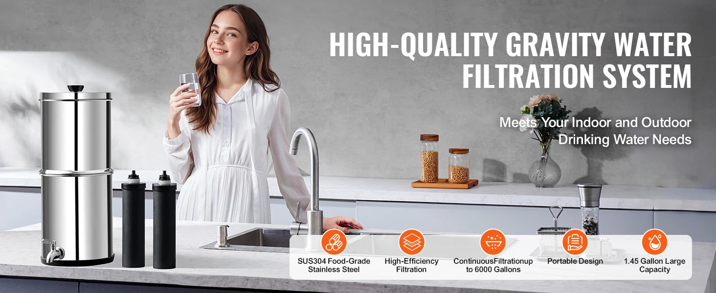 Gravity-Fed Stainless Steel Water Filter System with 2 Carbon Filters
