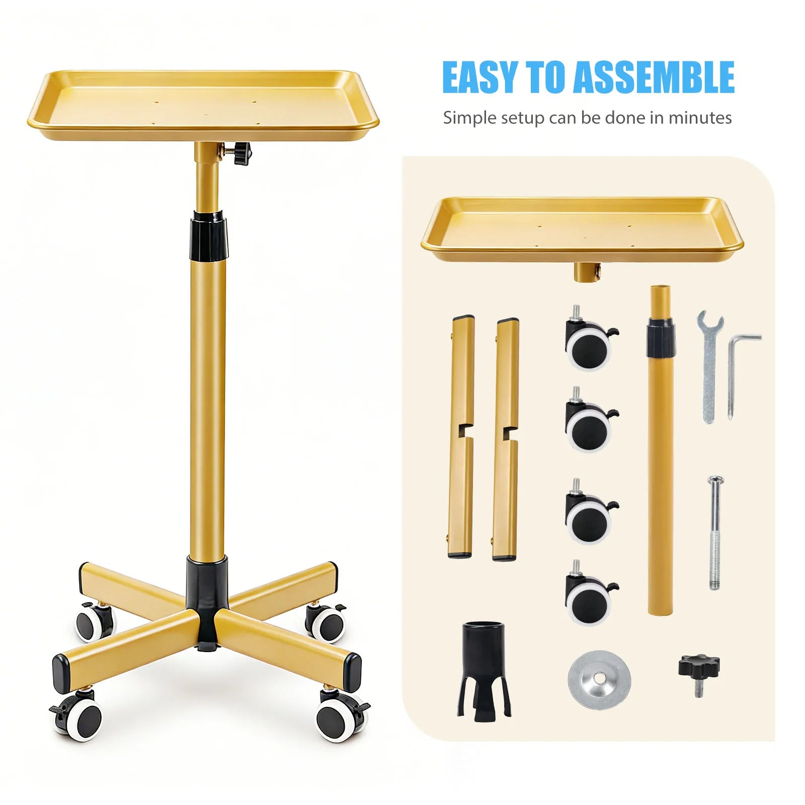 Carro de salón con altura ajustable, bandeja grande de aluminio y ruedas