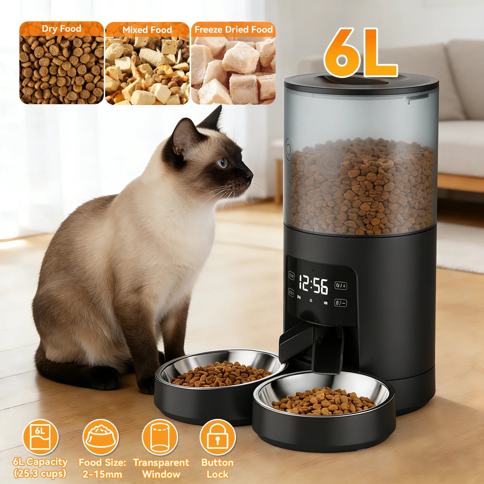 6L Automatic Cat Feeder with App Control, Dual Bowls & Timer