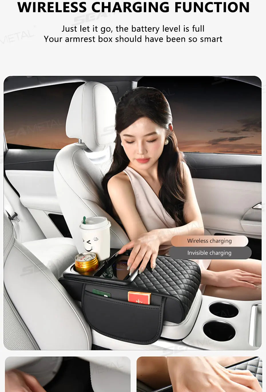 SEAMETAL 15W Wireless Charging Arm Rest Cushion for Car 7.5cm Thicken Center Console Extension Cushion Universal Elbow Support
