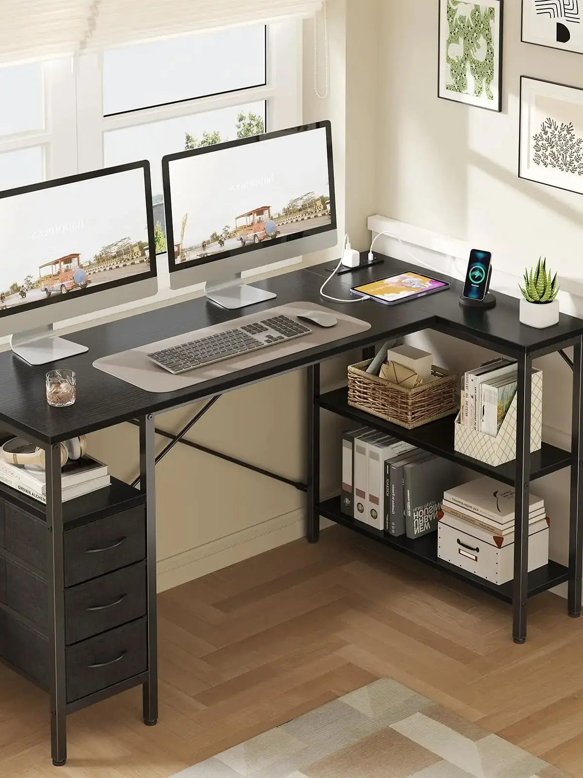 55 Inch L-Shaped Desk with Drawers, Shelves & Built-In Power Outlet