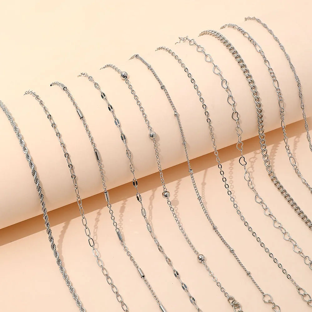 11pcs/Set Stile Punk Semplice Elegante Bracciale a Catena Cavo con Cuore e Perline Set Adatto per l'Uso Quotidiano Femminile Regalo