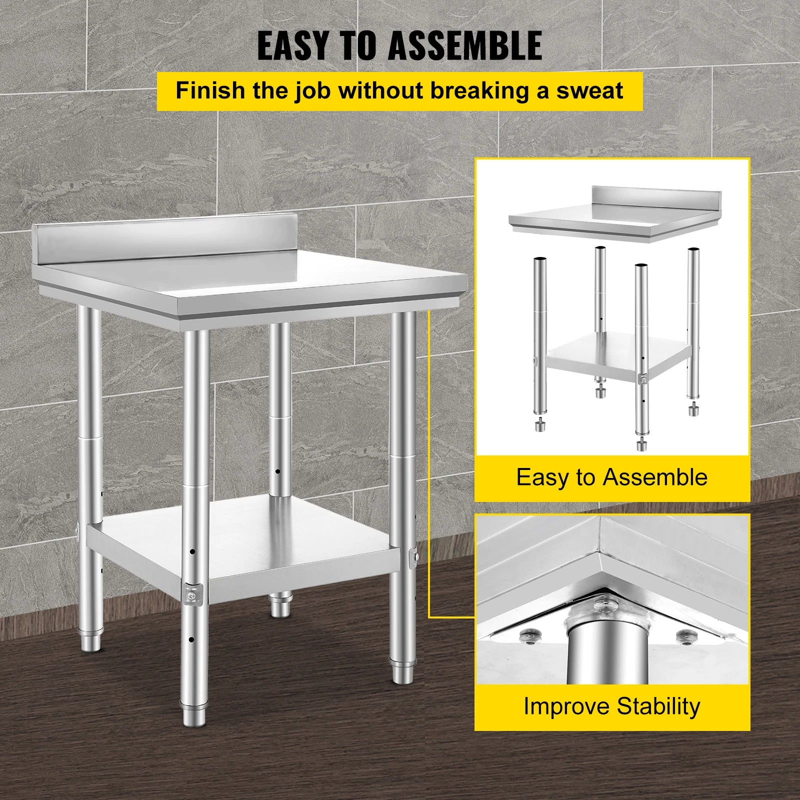 Stainless Steel Kitchen Work Table with Adjustable Shelf & Backsplash