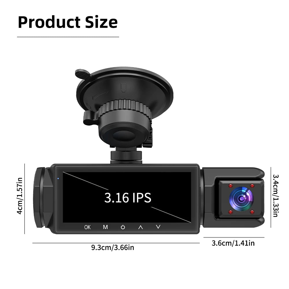 3 Camera Dash Cam 1080P Front Rear Interior Night Vision Parking Monitor