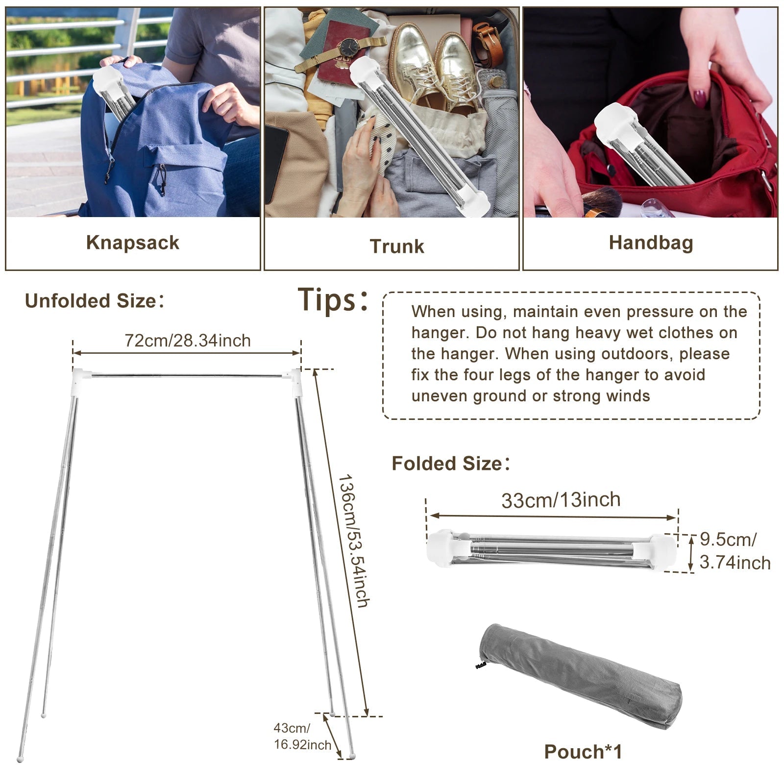 Collapsible Floor Stand Clothes Hanger Clothes Drying Rack Adjustable Angle Coat Hanger for Home Camping Travel Outdoor Storage 