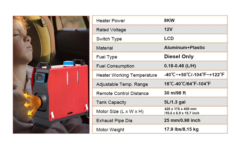 8KW Diesel Air Heater 12V All-in-One with Remote & LCD Control