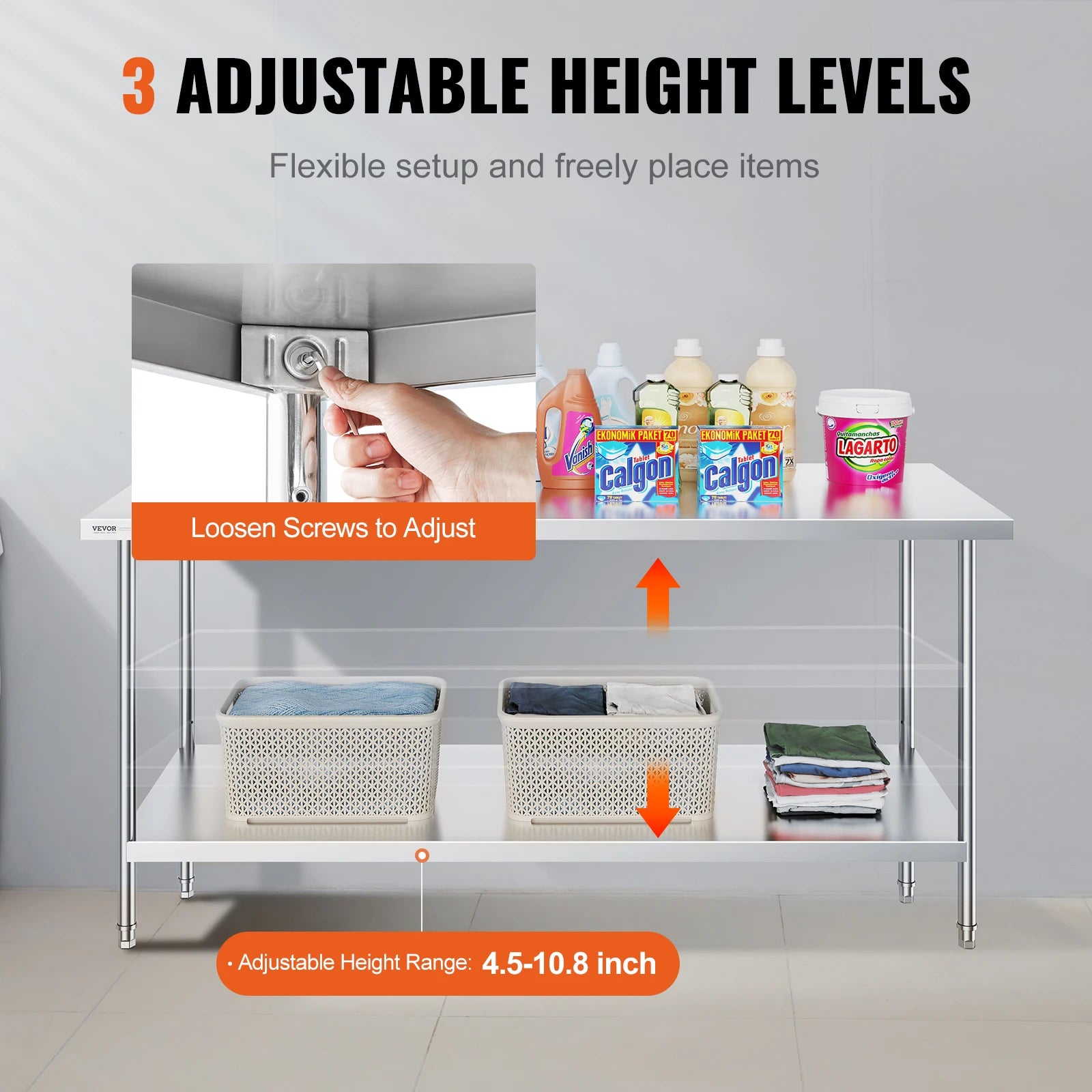 Stainless Steel Work Table with Adjustable Shelves for Kitchen Use