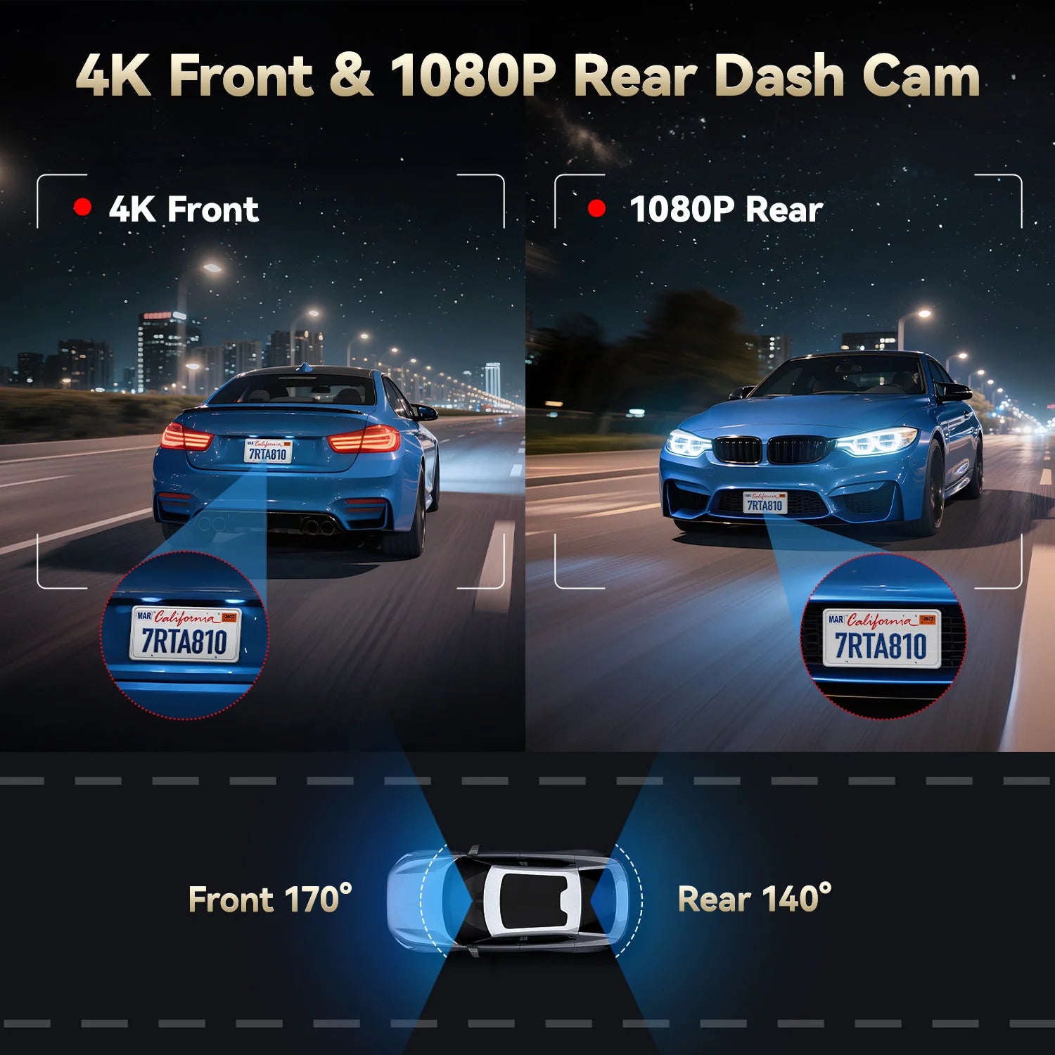 REDTIGER A8 4K+1080P Dash Cam with GPS, WiFi, Touch Screen