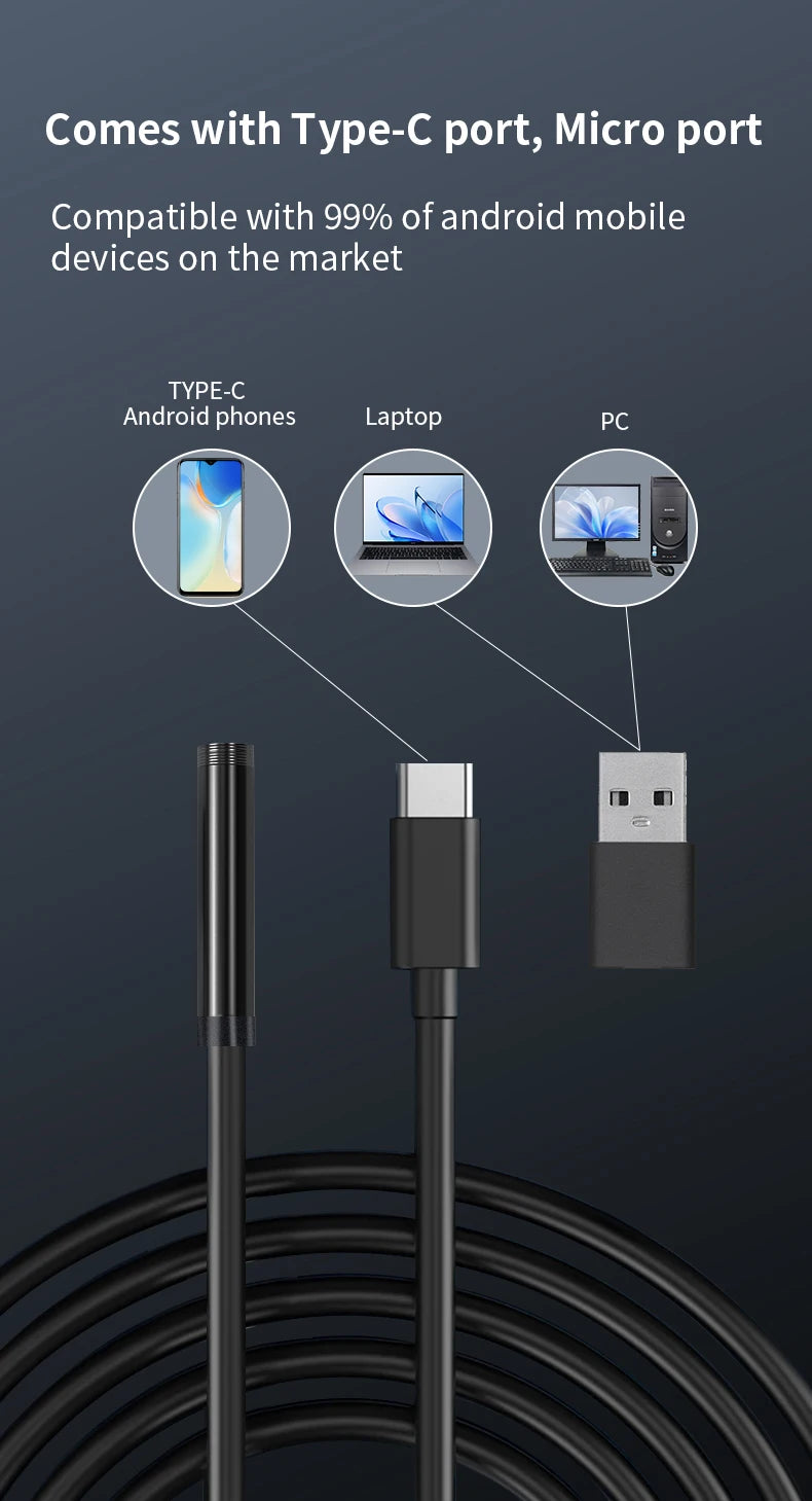 Caméra endoscope Android Type-C 7MM étanche IP67 à 6 LED, bore scope miniature avec 6 DEL
